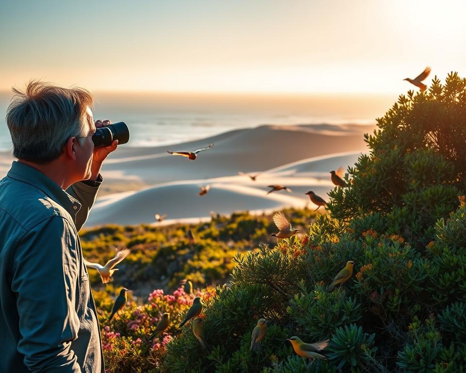 A serene scene of birdwatching in the De Hoop Nature Reserve, featuring a diverse array of native birds gracefully perched among vibrant fynbos and coastal vegetation. In the foreground, a knowledgeable birdwatcher, dressed in smart casual attire, peers through binoculars, focused on a colorful bird in the bushes. The middle ground showcases various species flying gracefully or foraging in the lush greenery. The background reveals the rolling sand dunes and distant ocean waves merging with a clear blue sky, illuminated by soft, golden sunlight that creates a tranquil atmosphere. The composition emphasizes the beauty of nature, inviting viewers to appreciate the rich biodiversity of this remarkable reserve.