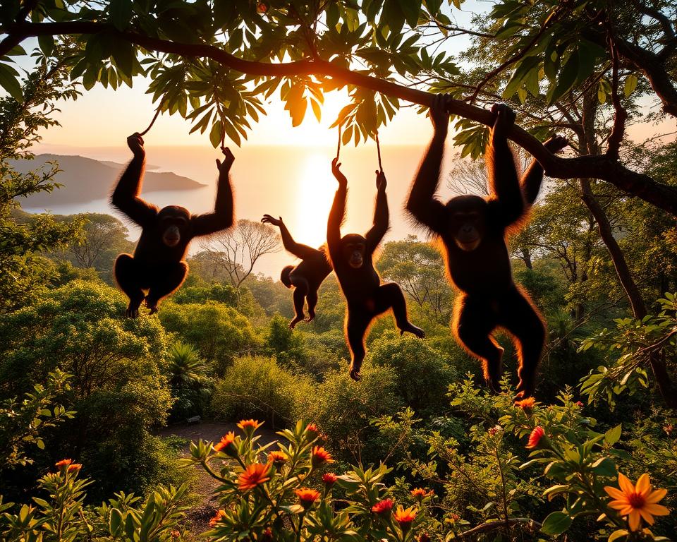 A serene scene of chimpanzee trekking in Tanzania's Mahale and Gombe regions, capturing the essence of lush rainforests by Lake Tanganyika. In the foreground, a group of playful chimpanzees swing from branch to branch, showcasing their expressive faces and engaging interactions. The middle ground features vibrant green foliage, dense trees, and wildflowers that create a rich tapestry of natural colors. The background includes the shimmering blue waters of Lake Tanganyika, glistening under a warm golden sunset sky, casting soft, warm light across the entire scene. Utilize a wide-angle lens to emphasize the expansive beauty of the landscape. The atmosphere is peaceful yet lively, evoking a sense of adventure and connection to nature.
