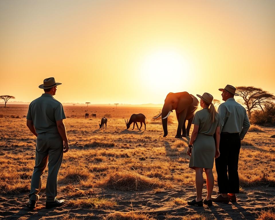 A serene scene set in the Moremi Park of Namibia, showcasing the essence of "Safari Sicherheit." In the foreground, a group of three individuals dressed in modest, practical safari attire, carefully observing wildlife from a safe distance. In the middle ground, a majestic elephant and a small herd of antelope graze peacefully, symbolizing the harmony between humans and nature. The background features sprawling savannah under a brilliant cobalt sky, with acacia trees silhouetted against the setting sun, casting warm golden light across the landscape. The mood is tranquil yet respectful, emphasizing the importance of safety and responsibility while exploring the wilderness. Soft shadows enhance the depth, captured with a wide-angle lens to emphasize the vastness of the environment and the beauty of nature. A serene scene set in the Moremi Park of Namibia, showcasing the essence of "Safari Sicherheit." In the foreground, a group of three individuals dressed in modest, practical safari attire, carefully observing wildlife from a safe distance. In the middle ground, a majestic elephant and a small herd of antelope graze peacefully, symbolizing the harmony between humans and nature. The background features sprawling savannah under a brilliant cobalt sky, with acacia trees silhouetted against the setting sun, casting warm golden light across the landscape. The mood is tranquil yet respectful, emphasizing the importance of safety and responsibility while exploring the wilderness. Soft shadows enhance the depth, captured with a wide-angle lens to emphasize the vastness of the environment and the beauty of nature.