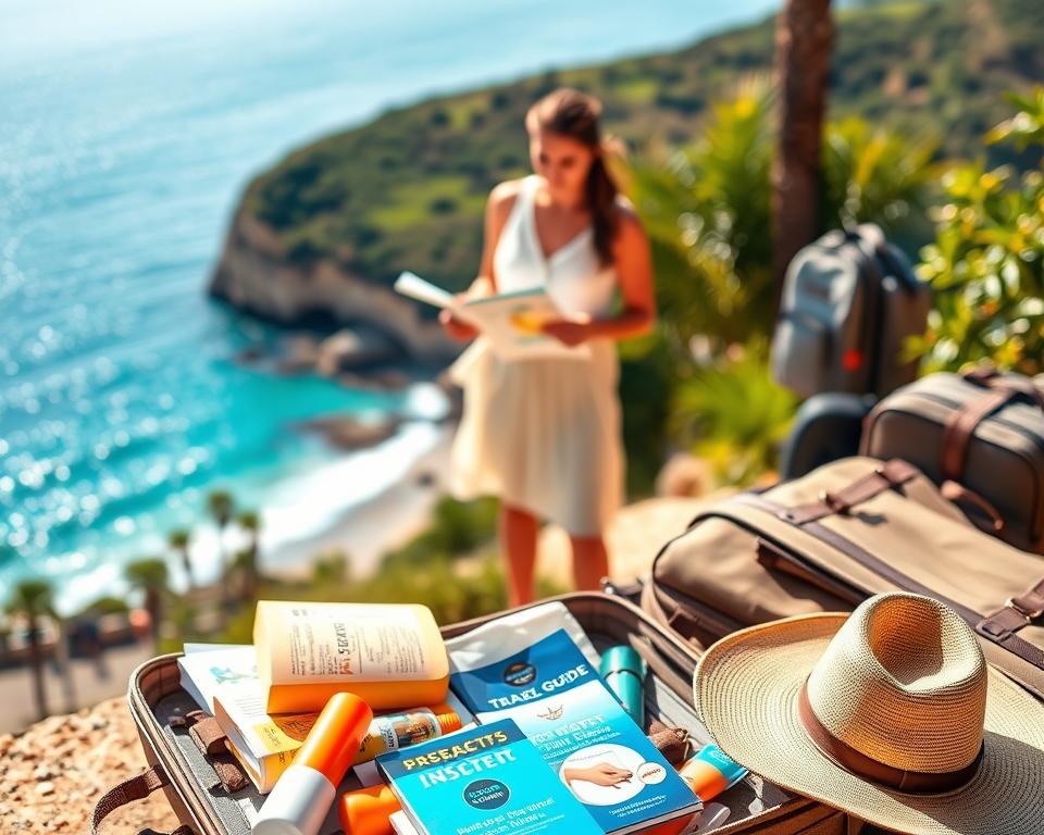 A serene travel preparation scene set against a vibrant backdrop of the Cape Verde islands. In the foreground, a well-organized travel kit lies open, showcasing essential items like insect repellent, a travel guide, sunscreen, and a lightweight hat. Nearby, a stylish luggage bag hints at the tropical destination. In the middle, a well-dressed traveler in modest, casual attire stands thoughtfully, examining a map or travel brochure, with a backdrop of lush greenery and hints of ocean views. The lighting is warm and inviting, reminiscent of a sunny day, casting soft shadows. In the background, the azure sea sparkles under the sun, reflecting the mood of anticipation and excitement for a well-prepared journey. A serene travel preparation scene set against a vibrant backdrop of the Cape Verde islands. In the foreground, a well-organized travel kit lies open, showcasing essential items like insect repellent, a travel guide, sunscreen, and a lightweight hat. Nearby, a stylish luggage bag hints at the tropical destination. In the middle, a well-dressed traveler in modest, casual attire stands thoughtfully, examining a map or travel brochure, with a backdrop of lush greenery and hints of ocean views. The lighting is warm and inviting, reminiscent of a sunny day, casting soft shadows. In the background, the azure sea sparkles under the sun, reflecting the mood of anticipation and excitement for a well-prepared journey.