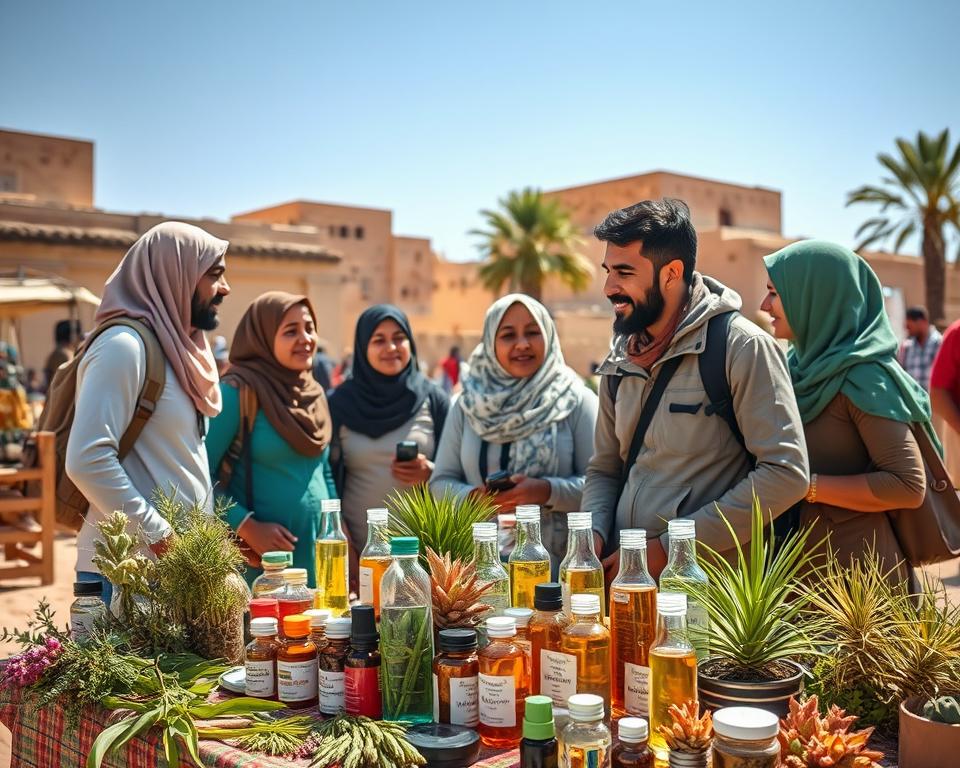A serene travel scene set in a vibrant outdoor market in Egypt, showcasing a diverse group of travelers assessing herbal remedies and over-the-counter alternatives to prohibited medications. In the foreground, include a table filled with colorful vials and natural remedies, surrounded by botanicals. In the middle, depict travelers in modest casual clothing, engaged in conversation with a knowledgeable local vendor who has a welcoming smile. The background features traditional Egyptian architecture, like sandstone buildings and palm trees, under a bright blue sky. Use soft, natural lighting to evoke a warm, inviting atmosphere, capturing the spirit of exploration and alternative health solutions. The composition should feel balanced and harmonious, with a focus on the interaction and exchange of knowledge.