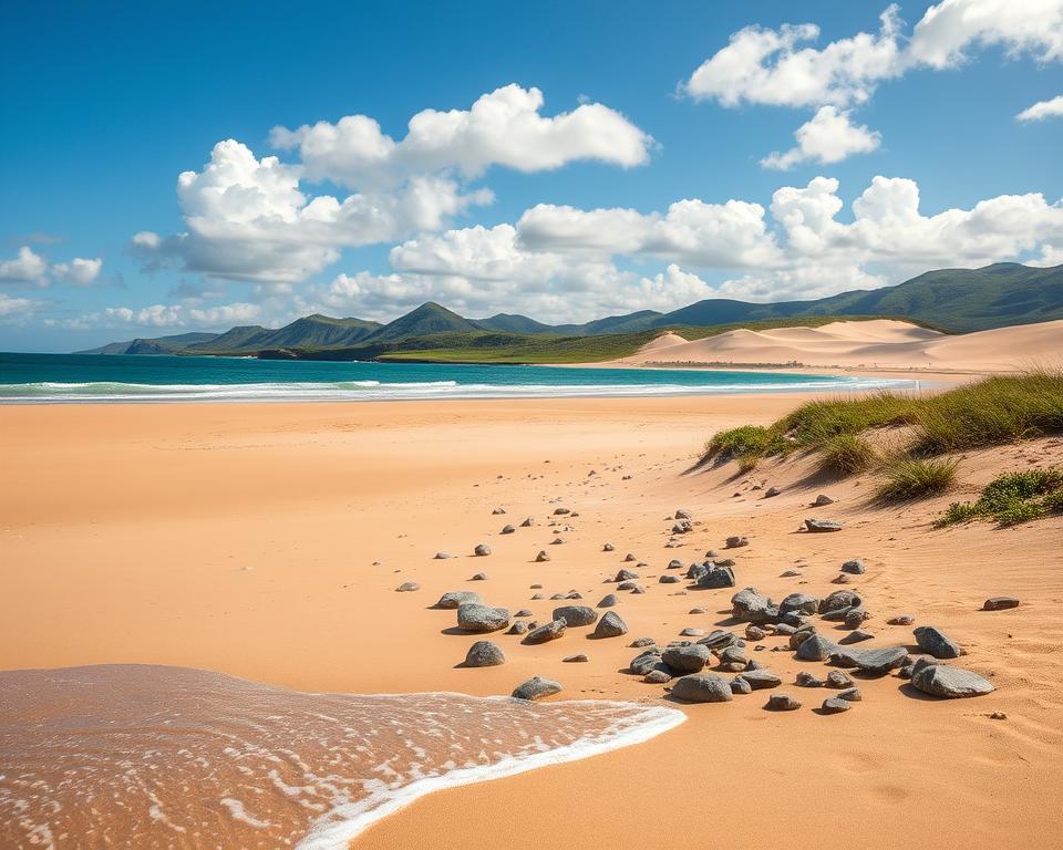 A serene view of Cape Vidal Strand, featuring soft, golden sands that stretch along the turquoise waters of the Indian Ocean. In the foreground, gentle waves lap at the shore, creating a peaceful atmosphere. A scattered arrangement of smooth, flat stones and sparse, green coastal vegetation adds texture to the beach scene. The middle ground reveals rolling sand dunes adorned with native grasses, catching the light of a warm, late afternoon sun. In the distance, lush, verdant hills frame the horizon, complementing the vibrant blue sky dotted with fluffy white clouds. The mood is tranquil and inviting, perfect for showcasing the natural beauty of the iSimangaliso Wetland Park. High-resolution, taken from a low angle to emphasize the vastness of the landscape, with natural lighting illuminating the scene beautifully.