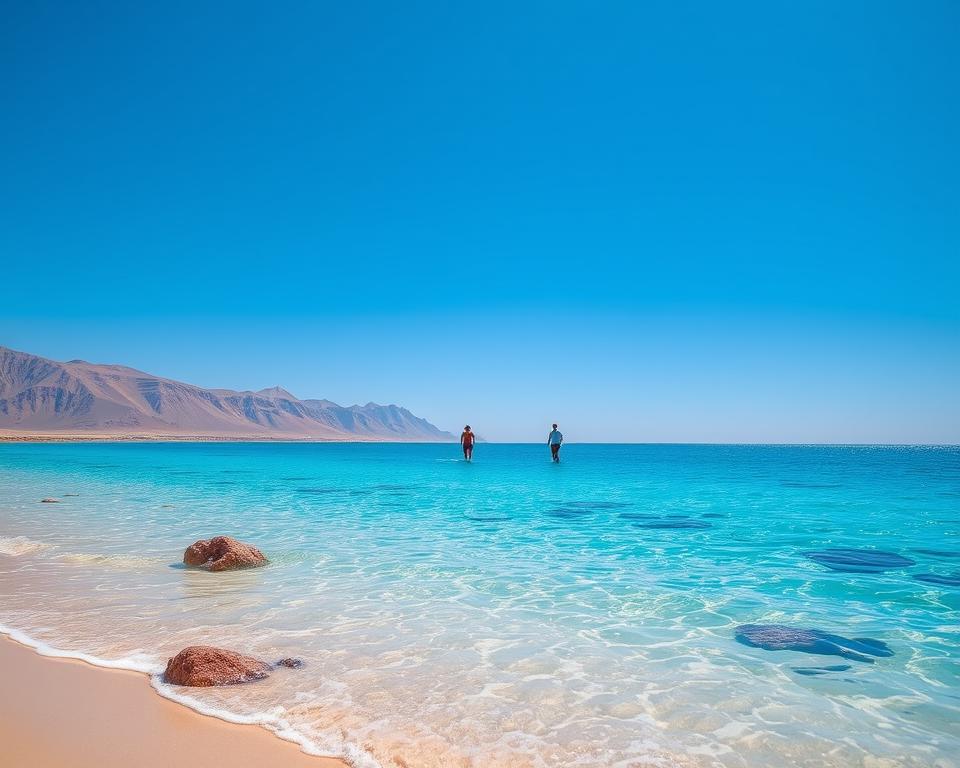 A serene view of Dahab on the Sinai coast, showcasing the vibrant blue waters under a clear, sunlit sky. In the foreground, gentle waves lap against the sandy shore, with a few small rocks scattered around, embodying the tranquil beach atmosphere. In the middle ground, a couple of people in modest casual attire walk along the beach, enjoying the warm weather, while vibrant corals and tropical fish can be seen just beneath the crystal-clear water surface. In the background, majestic mountain peaks rise, framing the scene and hinting at the unique geography of the Sinai Peninsula. The lighting is bright and sunny, enhancing the vivid colors of the landscape. Capture an inviting and peaceful mood that reflects the ideal bathing conditions in Dahab.