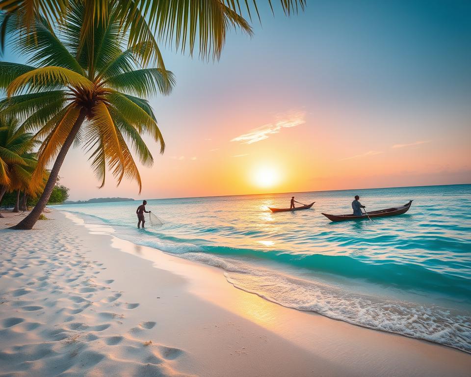 A serene view of Jambiani Beach in Zanzibar, showcasing a tranquil shoreline with soft, white sand and gentle turquoise waves lapping at the beach. In the foreground, vibrant green palm trees sway lightly in the breeze, providing a tropical feel. In the middle, local fishermen in modest clothing cast their nets into the clear waters, emphasizing the beach’s charm and cultural essence. The background features a stunning sunset, casting warm golden hues across the sky and reflecting on the water, creating a peaceful atmosphere. The image is captured from a low angle to enhance the foreground details, using soft lighting to convey a calm and relaxing mood, with a focus on the idyllic beauty of this hidden gem.
