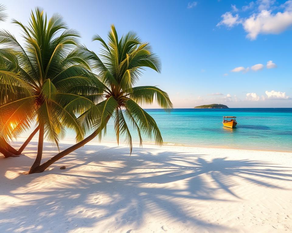 A serene view of Matemwe Beach in Zanzibar, featuring soft white sand framed by gentle turquoise waters. In the foreground, lush palm trees sway softly in a warm breeze, their shadows casting intricate patterns on the sand. The middle ground showcases a calm sea with small, traditional wooden dhows gently bobbing on the water. In the background, the stunning Mnemba Atoll is visible, surrounded by vibrant coral reefs, dotted with colorful marine life beneath the crystal-clear surface. The scene is bathed in the soft golden glow of a tropical sunset, with warm light reflecting off the water, evoking a tranquil and inviting atmosphere. Use a wide-angle lens to capture the expansive beauty of the beach and ocean, emphasizing depth and vivid colors.
