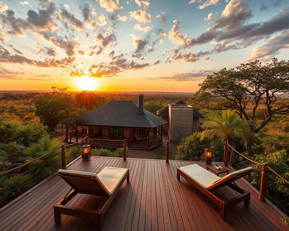 A serene view of Safari Lodge Okavango, nestled amidst the lush greenery of Moremi Park, Namibia. In the foreground, a wooden deck with comfortable lounge chairs invites relaxation, accented by tropical plants and soft lighting. The middle ground features the rustic yet elegant lodge, constructed from natural materials and blending harmoniously with the environment. A warm sunset bathes the lodge in golden hues, enhancing the tranquil atmosphere. In the background, the iconic silhouette of acacia trees and distant savannah landscapes stretch beneath a vibrant sky, filled with scattered clouds. Capture the mood of adventure and relaxation in nature, evoking a sense of luxury and comfort in an unspoiled wilderness. Use a wide-angle lens to embrace the expansive view, with soft illumination highlighting the natural beauty of the scene. A serene view of Safari Lodge Okavango, nestled amidst the lush greenery of Moremi Park, Namibia. In the foreground, a wooden deck with comfortable lounge chairs invites relaxation, accented by tropical plants and soft lighting. The middle ground features the rustic yet elegant lodge, constructed from natural materials and blending harmoniously with the environment. A warm sunset bathes the lodge in golden hues, enhancing the tranquil atmosphere. In the background, the iconic silhouette of acacia trees and distant savannah landscapes stretch beneath a vibrant sky, filled with scattered clouds. Capture the mood of adventure and relaxation in nature, evoking a sense of luxury and comfort in an unspoiled wilderness. Use a wide-angle lens to embrace the expansive view, with soft illumination highlighting the natural beauty of the scene.