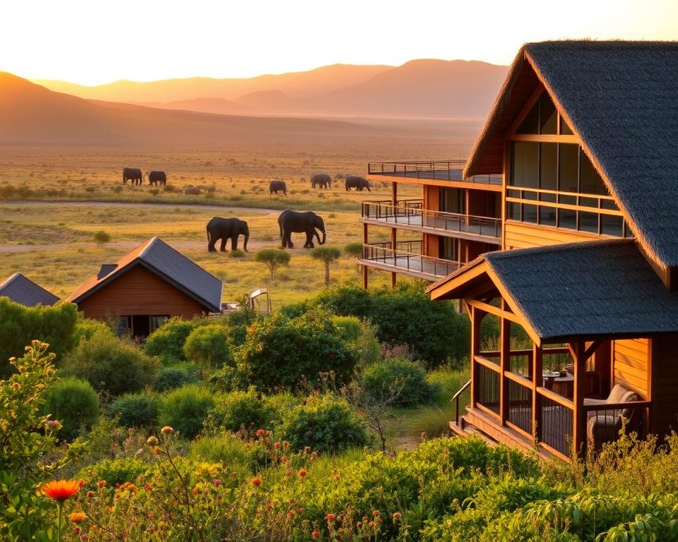 A serene view of accommodations in Pilanesberg National Park, showcasing a blend of luxury lodges and rustic chalets nestled among lush green landscapes. In the foreground, a cozy wooden cabin with a thatched roof, surrounded by colorful wildflowers and native shrubs. The middle ground features a luxurious lodge with large windows overlooking the expansive savanna, where elephants can be seen grazing in the distance. The background captures the majestic hills of the park, tinged with golden sunlight during a warm sunset. The scene is bathed in soft, warm lighting, creating a tranquil and inviting atmosphere. A panoramic view captured with a wide lens, emphasizing the harmony between nature and comfort in this picturesque setting. A serene view of accommodations in Pilanesberg National Park, showcasing a blend of luxury lodges and rustic chalets nestled among lush green landscapes. In the foreground, a cozy wooden cabin with a thatched roof, surrounded by colorful wildflowers and native shrubs. The middle ground features a luxurious lodge with large windows overlooking the expansive savanna, where elephants can be seen grazing in the distance. The background captures the majestic hills of the park, tinged with golden sunlight during a warm sunset. The scene is bathed in soft, warm lighting, creating a tranquil and inviting atmosphere. A panoramic view captured with a wide lens, emphasizing the harmony between nature and comfort in this picturesque setting.