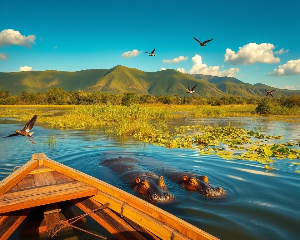 A serene view of iSimangaliso Lagoon, showcasing the lush wetlands and vibrant biodiversity. In the foreground, a traditional wooden boat glides gently on the water, with a family of hippopotamuses visible just beneath the surface, their eyes peeking out. The middle features swaying reeds and water lilies, while a group of diverse birds takes flight. In the background, the tall green hills of the park rise, kissed by soft, golden sunlight filtering through scattered clouds. The scene captures a tranquil morning atmosphere, with the rich colors of the landscape reflecting vibrant greens, blues, and hints of sunset orange. Use a wide-angle lens to emphasize the expansive landscape, ensuring the focus remains on the wildlife and flora while maintaining a peaceful, inviting mood.