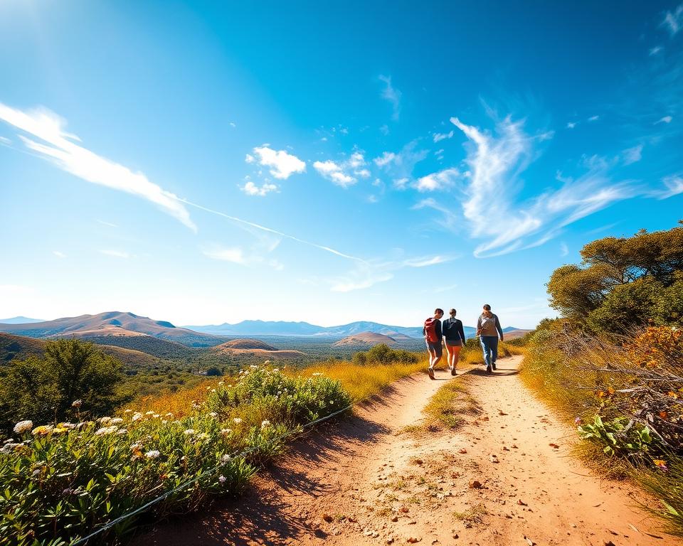 A serene view of the De Hoop Nature Reserve, showcasing the beauty of the landscape while embodying the spirit of wandering. In the foreground, a well-worn dirt trail meanders through lush greenery, dotted with wildflowers. In the middle ground, a diverse group of hikers—dressed in casual outdoor attire—explores the vibrant flora and fauna, illustrating the joy of discovery. The background features rolling sand dunes and distant mountains under a brilliant blue sky, with soft white clouds casting gentle shadows. Golden sunlight bathes the scene, creating a warm, inviting atmosphere. Capture the image from a low angle to emphasize the trails leading into the wilderness, inviting viewers to embark on their own journey through this natural paradise.