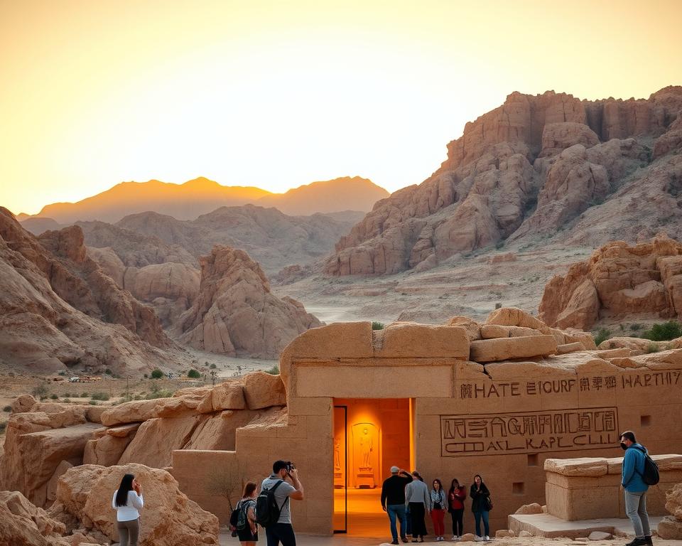 A serene view of the Valley of the Kings in Egypt during golden hour, showcasing the majestic, rugged mountains in the background bathed in warm, soft sunlight. In the foreground, an ancient stone entrance to a tomb, partially illuminated, with intricate hieroglyphs carved into the weathered façade. A few tourists, dressed in modest casual clothing, are seen admiring the surroundings and taking pictures, capturing a sense of wonder and excitement. The sky is a gradient of gold and deep blue, hinting at the vast history of the site. The image is framed with a slightly wide-angle lens, creating a vivid, immersive atmosphere that reflects the rich cultural heritage and the importance of planning a visit to this historical landmark.