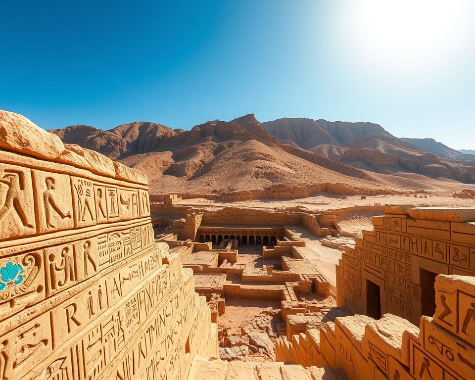A serene view of the Valley of the Kings under a bright, azure sky. In the foreground, intricately carved hieroglyphs on weathered stone walls showcase ancient Egyptian art, with vibrant colors still visible. The middle layer features a traditional burial site, adorned with symbols and artifacts that tell stories of pharaohs and the afterlife. In the background, the rugged hills of the valley create a dramatic silhouette, bathed in soft, warm sunlight that enhances the textures of the sand and rock. The atmosphere is one of mystery and reverence, inviting exploration and contemplation. Capture this scene with a wide-angle lens to emphasize depth, highlighting the details of the hieroglyphs and the grandeur of the landscape.