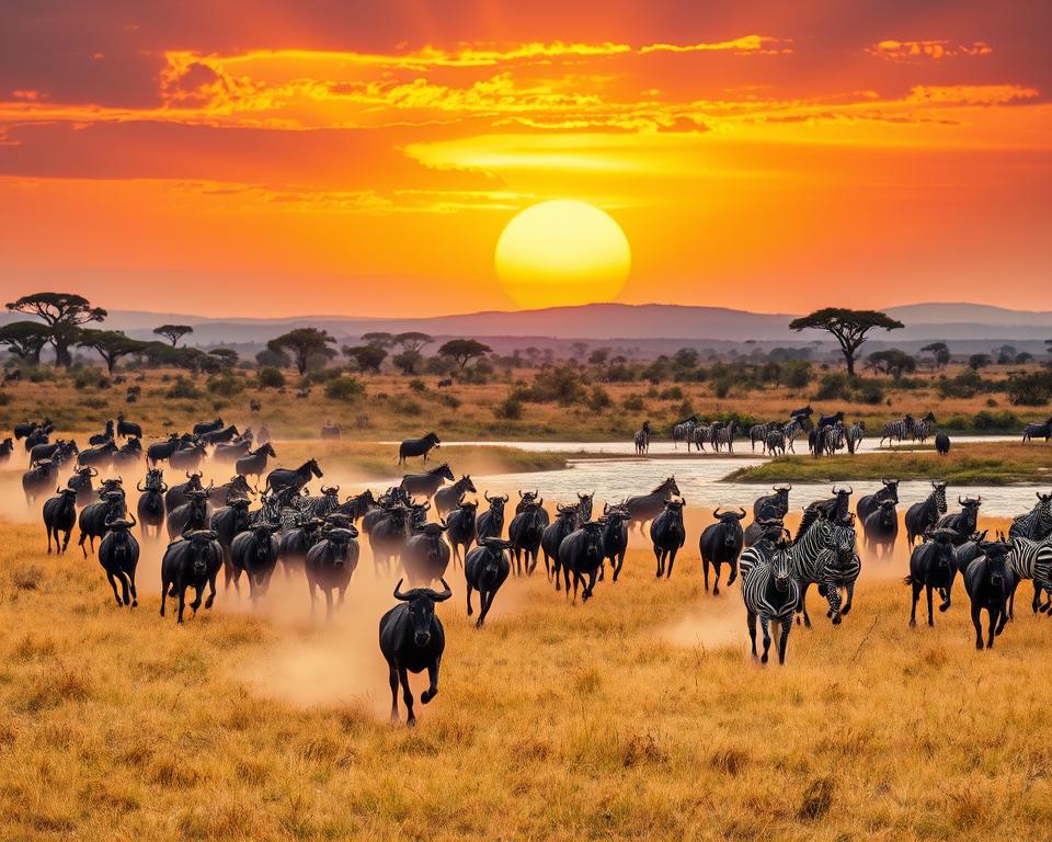 A stunning African savanna during the Great Migration, featuring a diverse herd of wildebeests and zebras in motion across golden grasslands. In the foreground, a few animals are depicted running gracefully, kicking up dust as they traverse the terrain. In the middle ground, a picturesque river can be seen, with gentle waves reflecting the brilliant hues of a setting sun. The background includes acacia trees silhouetted against a vibrant sky, filled with warm oranges and soft purples, suggesting the magical time of dusk. The overall atmosphere is lively yet serene, capturing the excitement and beauty of this natural spectacle in crisp detail, with dynamic lighting emphasizing the movement and energy of the migration.