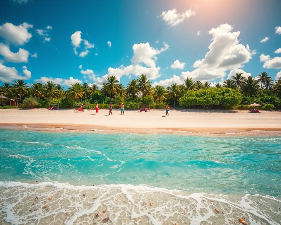 A stunning aerial view of Diani Beach, showcasing the pristine white sands and turquoise waters of the Indian Ocean. In the foreground, gentle waves lap at the shore, with scattered seashells and wisps of seaweed. The middle ground features friendly beachgoers, dressed in colorful, modest beach attire, engaging in activities like beach volleyball and relaxation under umbrellas. In the background, lush palm trees and vibrant green foliage frame the scene, creating a tropical paradise ambiance. The sky is a brilliant blue, dotted with fluffy white clouds, as the warm golden sunlight bathes the entire landscape, evoking a sense of tranquility and joy. The image captures the essence of Kenya's coastal beauty, inviting viewers to experience the serenity of this remarkable destination.