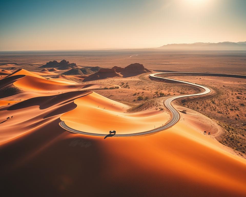 A stunning aerial view of a winding route through the breathtaking landscapes of Namibia, showcasing dramatic red sand dunes of Sossusvlei in the foreground, contrasting with the rugged, rocky terrain of the Namib Desert in the middle ground. In the background, the majestic Etosha National Park can be seen, with sparse acacia trees dotting the landscape and wildlife such as elephants and zebras visible in the distance. The scene is illuminated by warm, golden sunlight, casting soft shadows and creating a serene atmosphere. The composition captures the essence of adventure and exploration, with clear blue skies above, enhancing the vibrant colors and textures of Namibia’s diverse environments. No human subjects in the image.