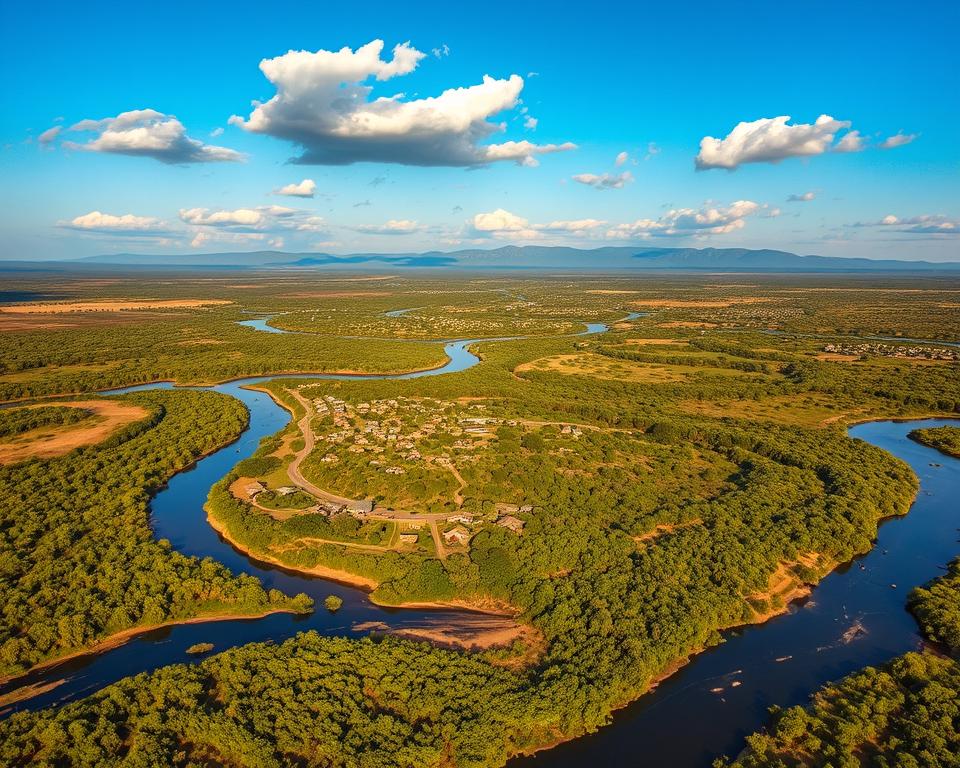 A stunning aerial view of the Caprivi Strip in Namibia, showcasing its unique geographical position as a narrow panhandle bordered by Botswana, Angola, and Zambia. In the foreground, lush greenery and winding rivers reflect the vibrant ecosystem of this region. The middle ground features traditional villages with thatched-roof huts, nestled among patches of savannah. In the background, distant mountains rise under a clear blue sky with soft, fluffy clouds, creating a serene atmosphere. The lighting is golden, as if it’s late afternoon, casting gentle shadows that enhance the landscape's texture. Capture this scene with a wide-angle lens to emphasize the region's expanse, evoking a sense of tranquility and exploration. A stunning aerial view of the Caprivi Strip in Namibia, showcasing its unique geographical position as a narrow panhandle bordered by Botswana, Angola, and Zambia. In the foreground, lush greenery and winding rivers reflect the vibrant ecosystem of this region. The middle ground features traditional villages with thatched-roof huts, nestled among patches of savannah. In the background, distant mountains rise under a clear blue sky with soft, fluffy clouds, creating a serene atmosphere. The lighting is golden, as if it’s late afternoon, casting gentle shadows that enhance the landscape's texture. Capture this scene with a wide-angle lens to emphasize the region's expanse, evoking a sense of tranquility and exploration.