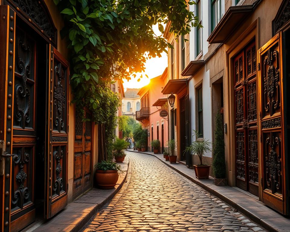 A stunning depiction of iconic Zanzibar doors in Stone Town, Tanzania. The foreground showcases intricately carved wooden doors, adorned with brass studs and vibrant colors, sitting slightly ajar to invite curiosity. In the middle ground, a cobblestone alley lined with lush green foliage and traditional Swahili architecture creates a charming atmosphere. The background features the sun setting behind historic buildings, casting a warm golden light that highlights architectural details. The scene captures a sense of history and cultural richness, with a focus on the beautiful craftsmanship of the doors. Use a shallow depth of field to emphasize the doors while softly blurring the surrounding scenery. The mood is inviting and nostalgic, evoking a longing to explore the hidden gems of this historic town.
