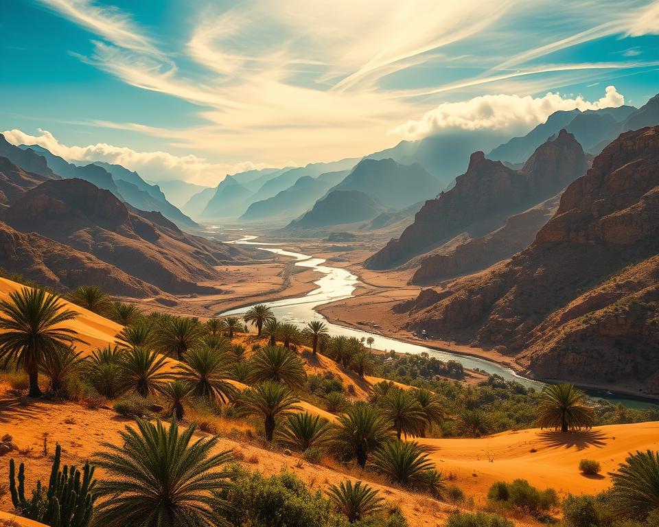 A stunning landscape capturing the essence of Ziz-Tal, Morocco, showcasing the transition from the arid desert to fertile valleys leading to Fes. In the foreground, a golden-hued oasis with date palms and vibrant green vegetation contrasts the sandy dunes. The middle ground features a winding river reflecting the rich blue sky, flanked by rocky mountain formations. In the background, wispy clouds drift over the dramatic peaks of the Atlas Mountains, bathed in warm sunlight. The scene is illuminated with soft, natural lighting, highlighting the textures of the terrain and the lush greenery. The atmosphere is serene and inviting, capturing the essence of a day’s journey through this enchanting region. The angle of the shot is slightly elevated, providing a sweeping panoramic view of the landscape.