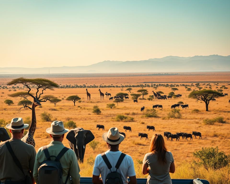 A stunning landscape depicting a scenic safari route in Kenya. In the foreground, a group of travelers in professional casual attire observing wildlife, such as elephants and giraffes, marking the excitement of an unforgettable journey. The middle ground showcases a vast savannah with acacia trees under a bright, blue sky, and a distant herd of wildebeest moving gracefully. In the background, the majestic silhouette of mountains adds depth to the horizon. Soft golden sunlight casts a warm glow over the scene, enhancing the vibrant green and earthy tones of the landscape. The atmosphere is one of adventure and discovery, inviting viewers to imagine the thrill of exploring Kenya’s natural beauty. Long focal lens for crisp details, shot in late afternoon for ideal lighting conditions.