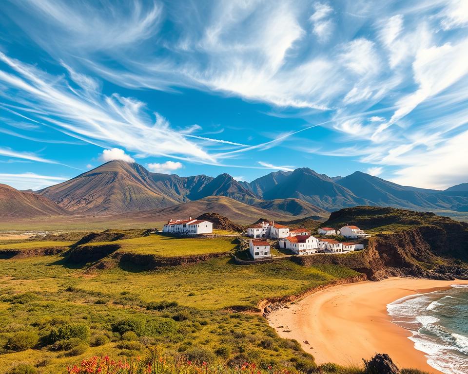 A stunning landscape of the Canary Islands, featuring volcanic mountains rising majestically in the background under a vibrant blue sky adorned with wispy white clouds. In the foreground, lush green valleys are dotted with colorful wildflowers, and the golden sands of a serene beach stretch along the coast. The middle ground showcases traditional white-washed buildings with terracotta roofs nestled against the rocky cliffs. Soft, warm sunlight bathes the scene, casting gentle shadows and highlighting the textures of the landscape. Capture the atmosphere of tranquility and natural beauty, evoking a sense of escape to this idyllic European winter getaway. Use a wide-angle lens effect to enhance the expansive view, ensuring a sharp focus throughout. A stunning landscape of the Canary Islands, featuring volcanic mountains rising majestically in the background under a vibrant blue sky adorned with wispy white clouds. In the foreground, lush green valleys are dotted with colorful wildflowers, and the golden sands of a serene beach stretch along the coast. The middle ground showcases traditional white-washed buildings with terracotta roofs nestled against the rocky cliffs. Soft, warm sunlight bathes the scene, casting gentle shadows and highlighting the textures of the landscape. Capture the atmosphere of tranquility and natural beauty, evoking a sense of escape to this idyllic European winter getaway. Use a wide-angle lens effect to enhance the expansive view, ensuring a sharp focus throughout.