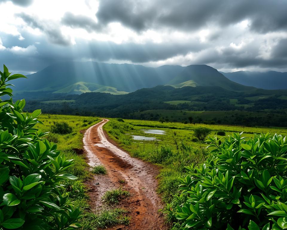 A stunning landscape photograph capturing the essence of Tanzania during the rainy season. In the foreground, vibrant green foliage glistens with raindrops, showcasing the lively vegetation typical of the region. In the middle ground, a winding dirt path leads through a lush, wet savannah, dotted with small pools of water reflecting the dark, dramatic clouds overhead. In the background, majestic rolling hills rise, partially shrouded in mist, adding to the atmospheric depth of the scene. The lighting is soft and diffuse, with natural sunlight filtering through thick clouds, creating an ethereal glow. The overall mood is serene and refreshing, inviting viewers to appreciate the beauty of nature during the Tanzanian rainy season.