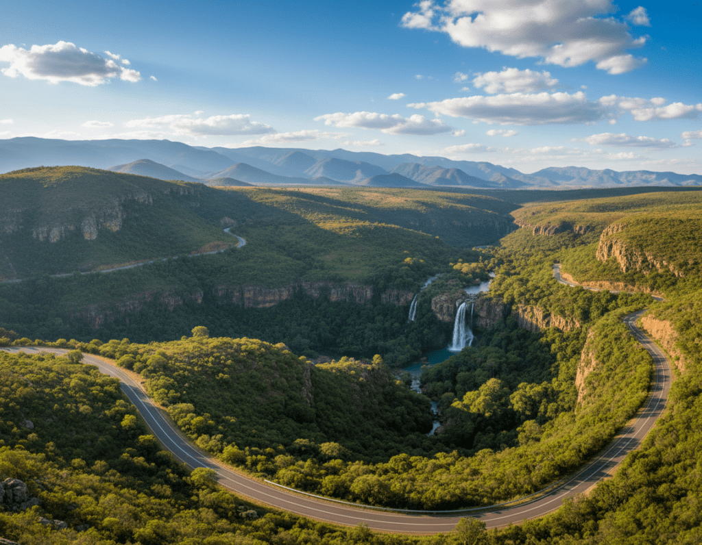 A stunning panoramic view of the Panorama Route in South Africa, showcasing majestic mountains with lush greenery in the foreground. Clear, winding roads stretch through the vibrant landscape, hinting at a self-driving adventure. The middle ground features waterfalls cascading into pristine pools, while clusters of lush trees provide a sense of tranquility. In the background, faint glimpses of distant peaks under a bright blue sky with fluffy white clouds enhance the scenery. The lighting is warm and inviting, suggesting a late afternoon sun casting soft shadows. The atmosphere is peaceful and adventurous, inviting travelers to explore this breathtaking journey from Johannesburg to Mbombela. The composition should have a wide-angle perspective to capture the grandeur and beauty of the route without any human figures or distractions.