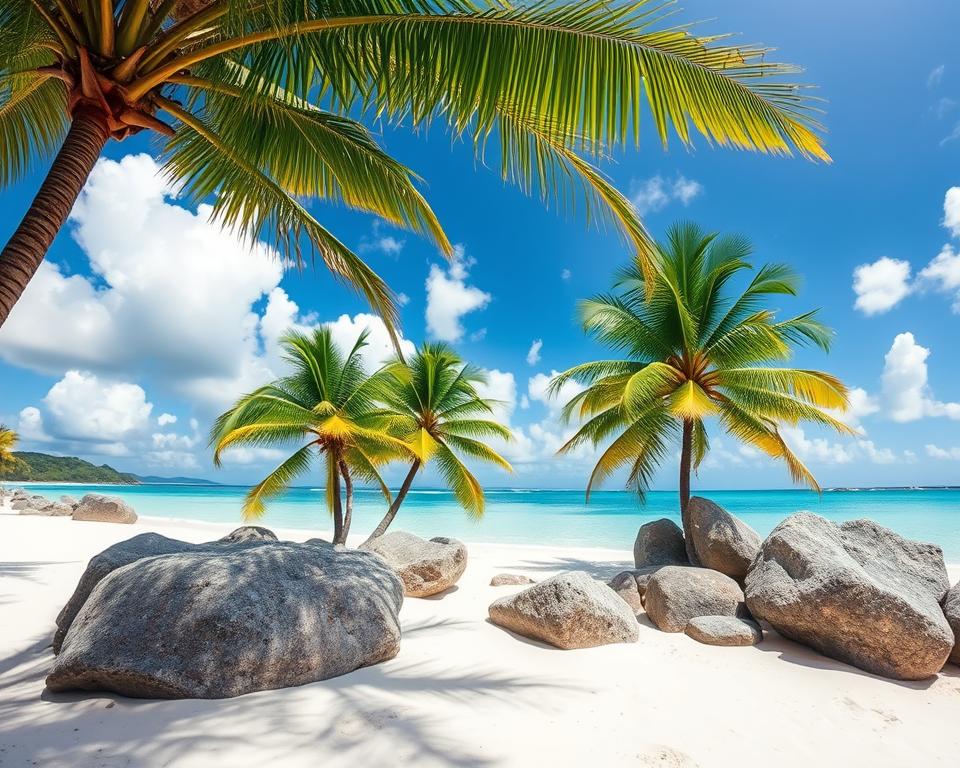 A stunning panoramic view of the Seychelles Islands, featuring pristine white sand beaches adorned with lush green palm trees in the foreground. In the middle ground, large, weathered granite boulders are artistically arranged along the shoreline, their textures contrasting beautifully with the turquoise waves lapping gently at the sand. The background showcases a bright blue sky dotted with fluffy white clouds, creating a serene atmosphere. Soft, golden sunlight filters through the palm fronds, casting gentle shadows on the ground. The scene captures a tranquil and idyllic mood, perfect for a tropical paradise. The image is shot from a low angle, emphasizing the grandeur of the landscape while inviting viewers to feel the warmth and beauty of the island. A stunning panoramic view of the Seychelles Islands, featuring pristine white sand beaches adorned with lush green palm trees in the foreground. In the middle ground, large, weathered granite boulders are artistically arranged along the shoreline, their textures contrasting beautifully with the turquoise waves lapping gently at the sand. The background showcases a bright blue sky dotted with fluffy white clouds, creating a serene atmosphere. Soft, golden sunlight filters through the palm fronds, casting gentle shadows on the ground. The scene captures a tranquil and idyllic mood, perfect for a tropical paradise. The image is shot from a low angle, emphasizing the grandeur of the landscape while inviting viewers to feel the warmth and beauty of the island.