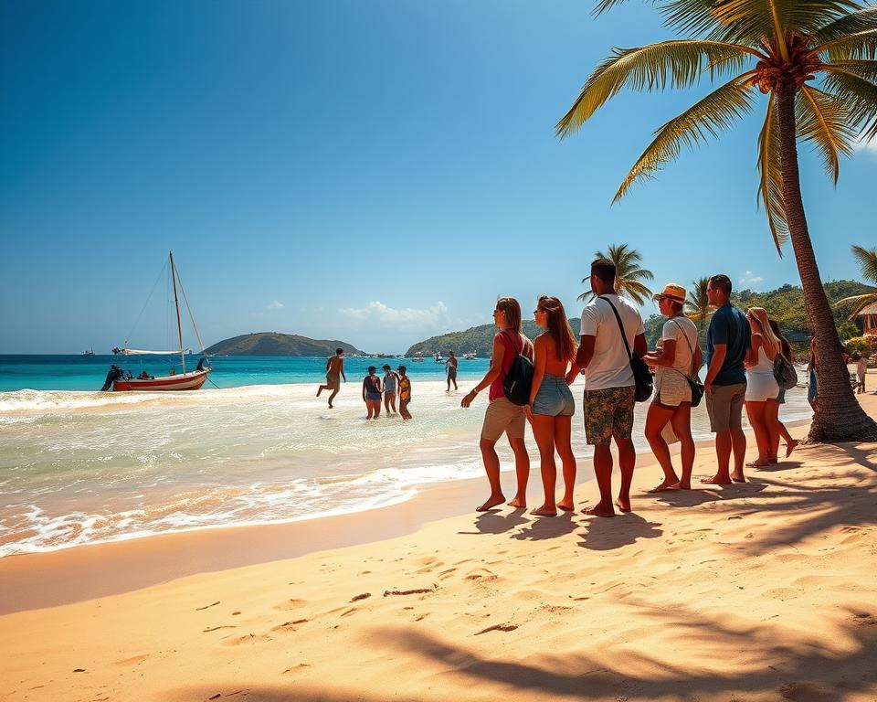 A stunning portrayal of Zanzibar during the dry season, showcasing a picturesque beach scene in the foreground with golden sands and gentle waves lapping at the shore. Sunlight bathes the scene in warm hues, highlighting palm trees swaying gently in the breeze. In the middle ground, a group of diverse travelers enjoys activities such as beach volleyball and a guided tour, dressed in modest summer clothing, capturing the essence of adventure and relaxation. In the background, the clear blue sky meets the turquoise ocean, with hints of distant boats and lush greenery of the island. The mood is tranquil, inviting, and inspiring, reflecting the ideal travel experience during Zanzibar’s peak season. The perspective is wide-angle, enhancing the beauty of this tropical paradise. A stunning portrayal of Zanzibar during the dry season, showcasing a picturesque beach scene in the foreground with golden sands and gentle waves lapping at the shore. Sunlight bathes the scene in warm hues, highlighting palm trees swaying gently in the breeze. In the middle ground, a group of diverse travelers enjoys activities such as beach volleyball and a guided tour, dressed in modest summer clothing, capturing the essence of adventure and relaxation. In the background, the clear blue sky meets the turquoise ocean, with hints of distant boats and lush greenery of the island. The mood is tranquil, inviting, and inspiring, reflecting the ideal travel experience during Zanzibar’s peak season. The perspective is wide-angle, enhancing the beauty of this tropical paradise.