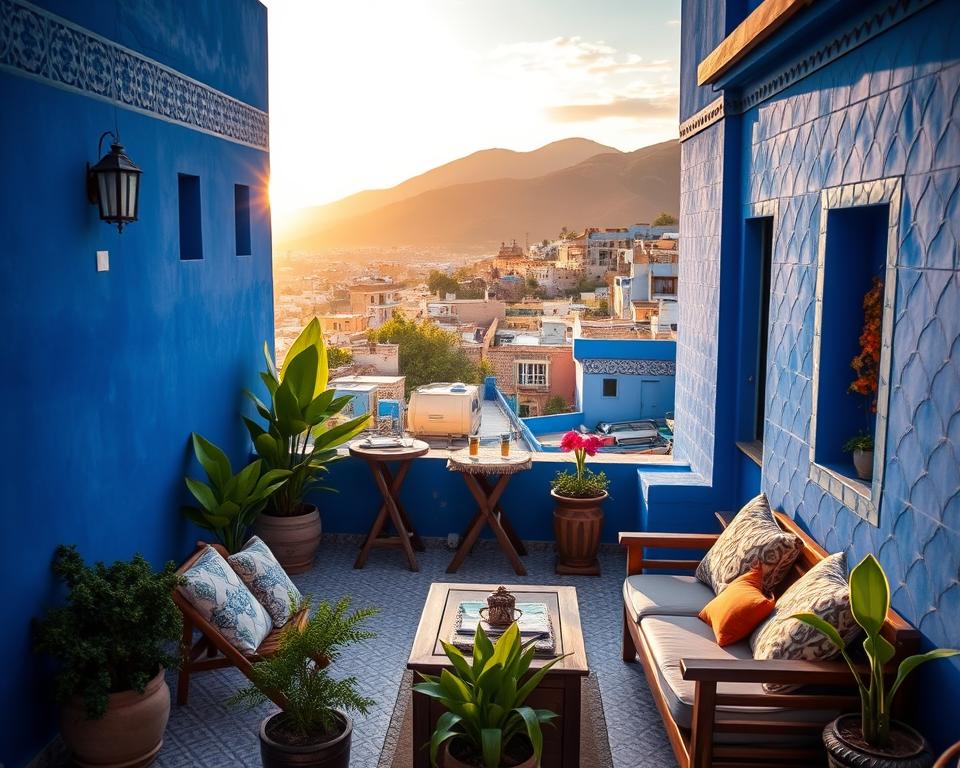A stunning rooftop terrace in Chefchaouen, Morocco, showcasing vibrant blue walls adorned with intricate, traditional Moroccan tiles. In the foreground, a cozy seating area with plush cushions and handcrafted wooden furniture invites relaxation. Lush potted plants add a touch of greenery, contrasting beautifully with the blue tones. The middle ground reveals a panoramic view of Chefchaouen's winding streets and iconic mountain backdrop, bathed in the golden glow of the late afternoon sun. Soft, diffused lighting enhances the serene atmosphere, evoking a sense of tranquility. Capture this scene from a slightly elevated angle to emphasize the rooftop's charm and the beauty of the surrounding architecture, highlighting the unique allure of this Moroccan blue city.