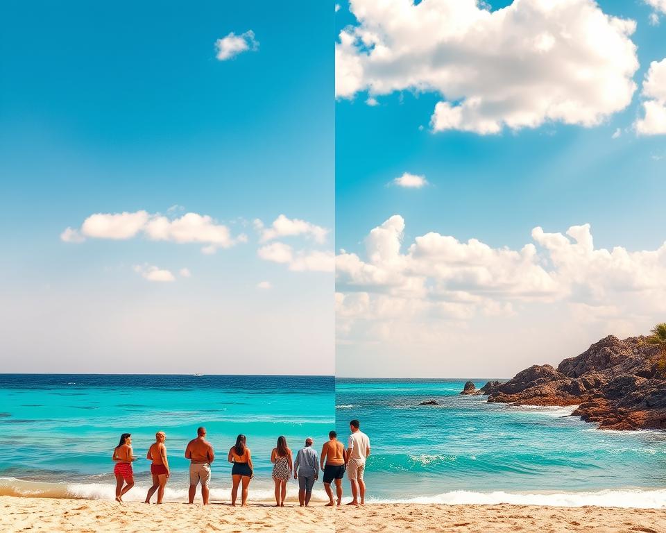 A stunning seaside scene split between two vibrant oceanic landscapes, highlighting the Red Sea on the left and the Mediterranean Sea on the right. In the foreground, a small group of families, dressed in modest casual clothing, enjoy relaxing on a sunlit beach with gentle waves lapping at their feet. The middle ground features distinct color palettes; the Red Sea is a beautiful turquoise with coral reefs visible just below the surface, while the Mediterranean showcases deeper blue hues and rocky shores. In the background, palm trees sway in a warm breeze under a bright blue sky filled with soft, fluffy clouds. The lighting is warm and inviting, suggesting a perfect day for swimming. The mood is joyful and serene, emphasizing the allure of both seas during peak bathing season.