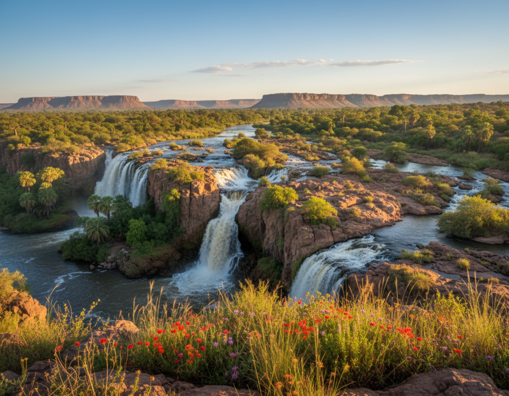 A stunning view of Epupa Falls in Namibia, showcasing the dramatic cascades of water tumbling over rocky cliffs, surrounded by lush green vegetation. In the foreground, vibrant wildflowers and indigenous plants enhance the natural beauty, while the middle ground features the powerful waterfalls, glistening in the sunlight as they flow into the Kunene River below. In the background, distant cliffs and a bright blue sky add depth to the scene. The lighting is warm and golden, suggesting early morning or late afternoon, creating a serene and tranquil mood. The angle is slightly elevated, capturing the grandeur of the falls and the surrounding landscape, evoking a sense of wonder and adventure in the heart of nature.