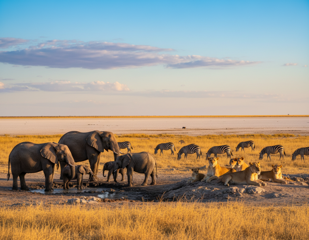 A stunning view of Etosha National Park during golden hour, capturing the expansive salt pan in the background, under a bright blue sky with scattered clouds. In the foreground, a majestic group of elephants gathers around a waterhole, while a pride of lions lounges nearby, showcasing their regal presence. Zebras graze in the middle ground, adding dynamic movement and contrast to the scene. The atmosphere is tranquil yet alive with wildlife sounds, evoking a sense of adventure and the thrill of a safari. The image has soft, warm lighting accentuating the earthy tones of the savannah, with a slightly elevated angle to encompass the beauty of the landscape and the creatures inhabiting it.