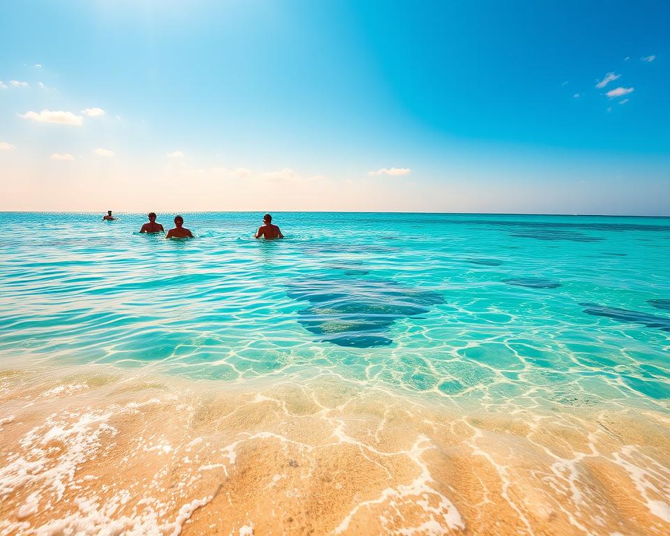 A stunning view of Marsa Alam’s natural beauty, featuring a serene beach with clear turquoise waters reflecting the sunlight. In the foreground, gentle waves lap at the soft sand, while a few swimmers can be seen enjoying the warm water, dressed in modest swimwear and casual attire. In the middle ground, vibrant coral reefs are visible beneath the surface, hinting at the rich marine life. The background showcases a clear blue sky with soft white clouds, and the warm golden hues of the sun create a relaxing atmosphere. The lighting is bright and inviting, capturing the idyllic conditions ideal for swimming. The image should evoke a sense of tranquility and highlight Marsa Alam as a paradise for water enthusiasts.