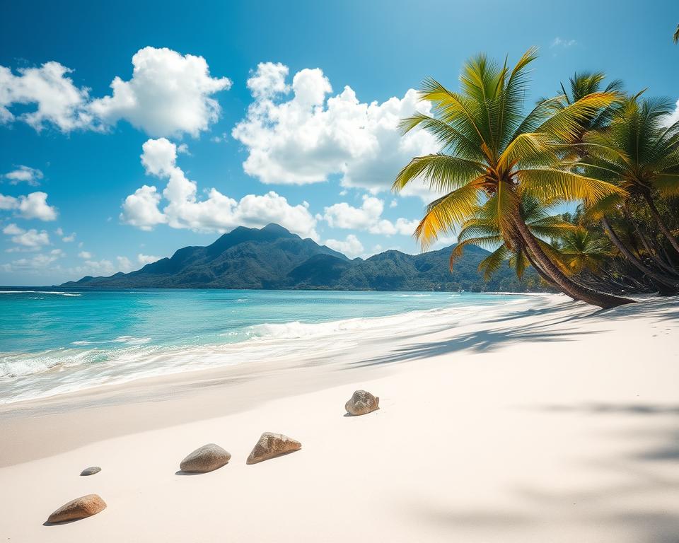 A stunning view of Mauritius beaches with soft, powdery white sand gently curving along the turquoise waters of the Indian Ocean. In the foreground, a few scattered smooth stones add texture to the shoreline, while lush, vibrant green palm trees lean towards the ocean. The middle ground showcases gentle waves lapping at the shore, reflecting the bright blue sky dotted with fluffy white clouds. In the background, a distant mountain range rises majestically, cloaked in greenery. The sunlight casts a golden hue over the scene, creating a warm, inviting atmosphere. Capture this idyllic landscape from a slightly elevated angle, mimicking the perspective of a traveler on a tropical adventure, evoking feelings of peace and relaxation in a paradise setting. Use bright, vivid colors to enhance the tropical feel. A stunning view of Mauritius beaches with soft, powdery white sand gently curving along the turquoise waters of the Indian Ocean. In the foreground, a few scattered smooth stones add texture to the shoreline, while lush, vibrant green palm trees lean towards the ocean. The middle ground showcases gentle waves lapping at the shore, reflecting the bright blue sky dotted with fluffy white clouds. In the background, a distant mountain range rises majestically, cloaked in greenery. The sunlight casts a golden hue over the scene, creating a warm, inviting atmosphere. Capture this idyllic landscape from a slightly elevated angle, mimicking the perspective of a traveler on a tropical adventure, evoking feelings of peace and relaxation in a paradise setting. Use bright, vivid colors to enhance the tropical feel.