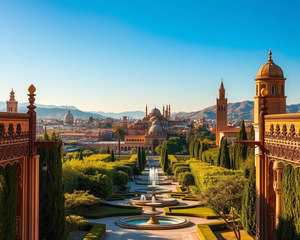 A stunning view of Meknes, Morocco, showcasing its architecture that echoes the grandeur of Versailles. In the foreground, intricate ornamental gates and vibrant gardens, with fountains glistening under soft, golden sunlight. The middle ground features the elegant minarets and domed roofs of historical buildings, surrounded by lush greenery. In the background, rolling hills under a clear blue sky, framing the city’s silhouette. Capture the essence of a serene afternoon, with warm, inviting lighting that highlights the exquisite details and rich textures of the structures. The scene embodies tranquility and cultural richness, inviting viewers to experience the historical significance of Meknes as a royal city. A stunning view of Meknes, Morocco, showcasing its architecture that echoes the grandeur of Versailles. In the foreground, intricate ornamental gates and vibrant gardens, with fountains glistening under soft, golden sunlight. The middle ground features the elegant minarets and domed roofs of historical buildings, surrounded by lush greenery. In the background, rolling hills under a clear blue sky, framing the city’s silhouette. Capture the essence of a serene afternoon, with warm, inviting lighting that highlights the exquisite details and rich textures of the structures. The scene embodies tranquility and cultural richness, inviting viewers to experience the historical significance of Meknes as a royal city.