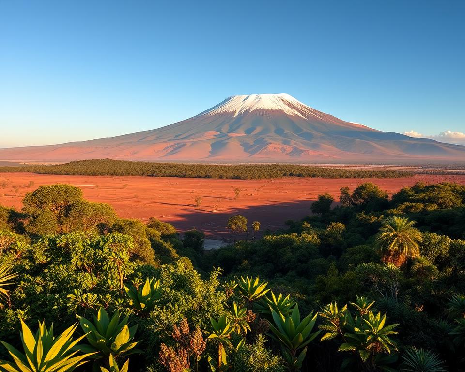 A stunning view of Mount Kilimanjaro showcasing its diverse landscape zones, transitioning from lush rainforests at the base to alpine deserts and finally the icy summit zone. In the foreground, vibrant green foliage with tropical plants and diverse wildlife, gradually merging into the dense forests. The middle ground reveals the expansive and dry savannah dotted with occasional shrubs and boulders, while in the background, the majestic snow-capped peak of Kilimanjaro rises against a clear blue sky. The scene is illuminated by warm, golden dawn light that enhances the natural colors and creates a serene atmosphere. Use a wide-angle lens to capture the full grandeur of this iconic mountain landscape, emphasizing its vastness and beauty.