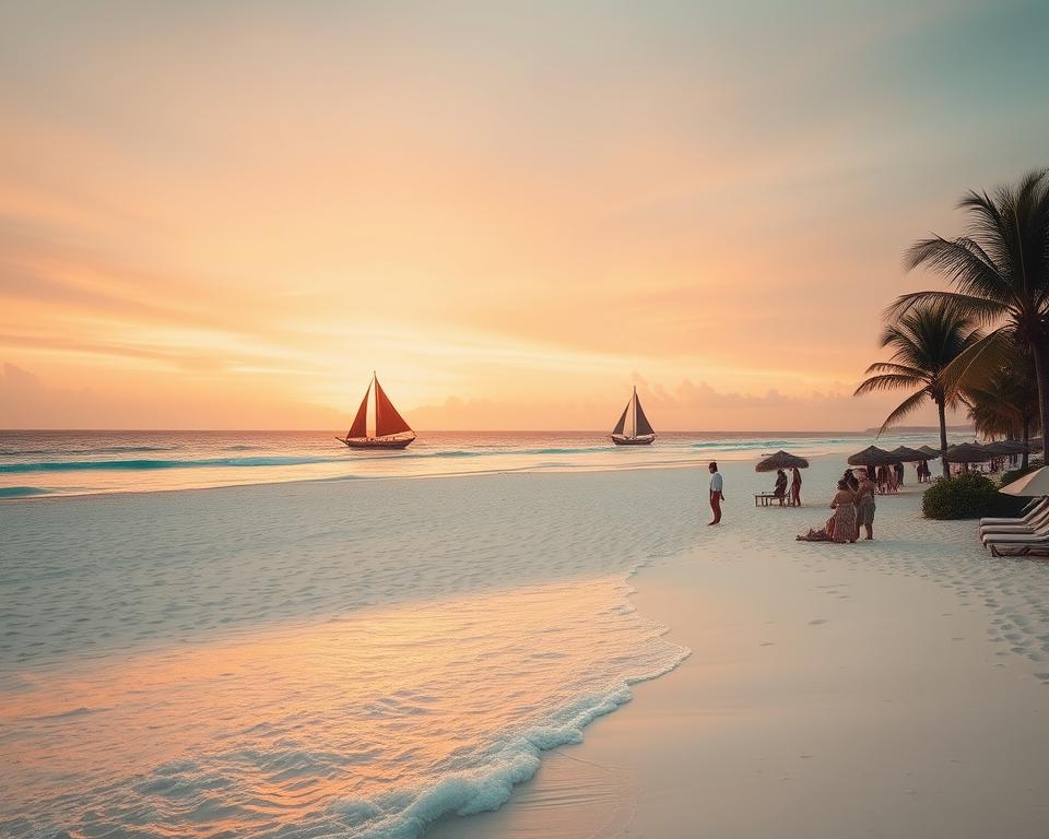A stunning view of Nungwi Beach in Zanzibar, showcasing the pristine white sands and clear turquoise waters. In the foreground, gentle waves lap at the shore, with a few palm trees swaying softly in the warm breeze. The middle ground features scattered beach umbrellas and sun loungers, inhabited by visitors dressed in modest summer attire, enjoying the tranquil atmosphere. In the background, traditional wooden dhows sail gracefully across the horizon, silhouetted against a vibrant sunset that fills the sky with hues of orange and pink. The scene is bathed in soft, warm lighting, evoking a peaceful and inviting mood. A wide-angle perspective captures the expansive beauty of this stunning beach.