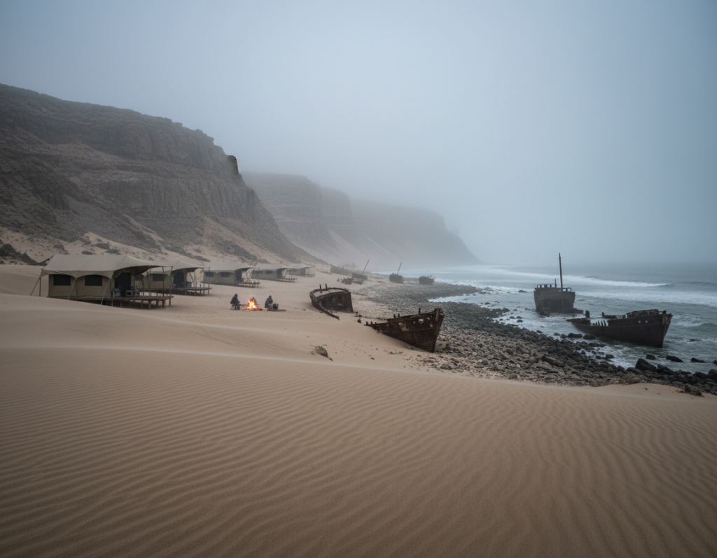 A stunning view of Skeleton Coast with dramatic foggy weather, capturing the ethereal beauty of the rugged coastline. In the foreground, gentle dunes shaped by winds, leading to a rocky shoreline dotted with ancient shipwrecks partially submerged in the sand. In the middle, a few well-equipped camping sites with safari tents and cozy bonfires, creating a warm atmosphere amid the chilly, misty air. Background features towering cliffs and the vast Atlantic Ocean under a moody, overcast sky that diffuses soft, diffused light across the scene. The overall feeling is serene and mysterious, inviting exploration and adventure along the captivating coastline of Namibia. A stunning view of Skeleton Coast with dramatic foggy weather, capturing the ethereal beauty of the rugged coastline. In the foreground, gentle dunes shaped by winds, leading to a rocky shoreline dotted with ancient shipwrecks partially submerged in the sand. In the middle, a few well-equipped camping sites with safari tents and cozy bonfires, creating a warm atmosphere amid the chilly, misty air. Background features towering cliffs and the vast Atlantic Ocean under a moody, overcast sky that diffuses soft, diffused light across the scene. The overall feeling is serene and mysterious, inviting exploration and adventure along the captivating coastline of Namibia.