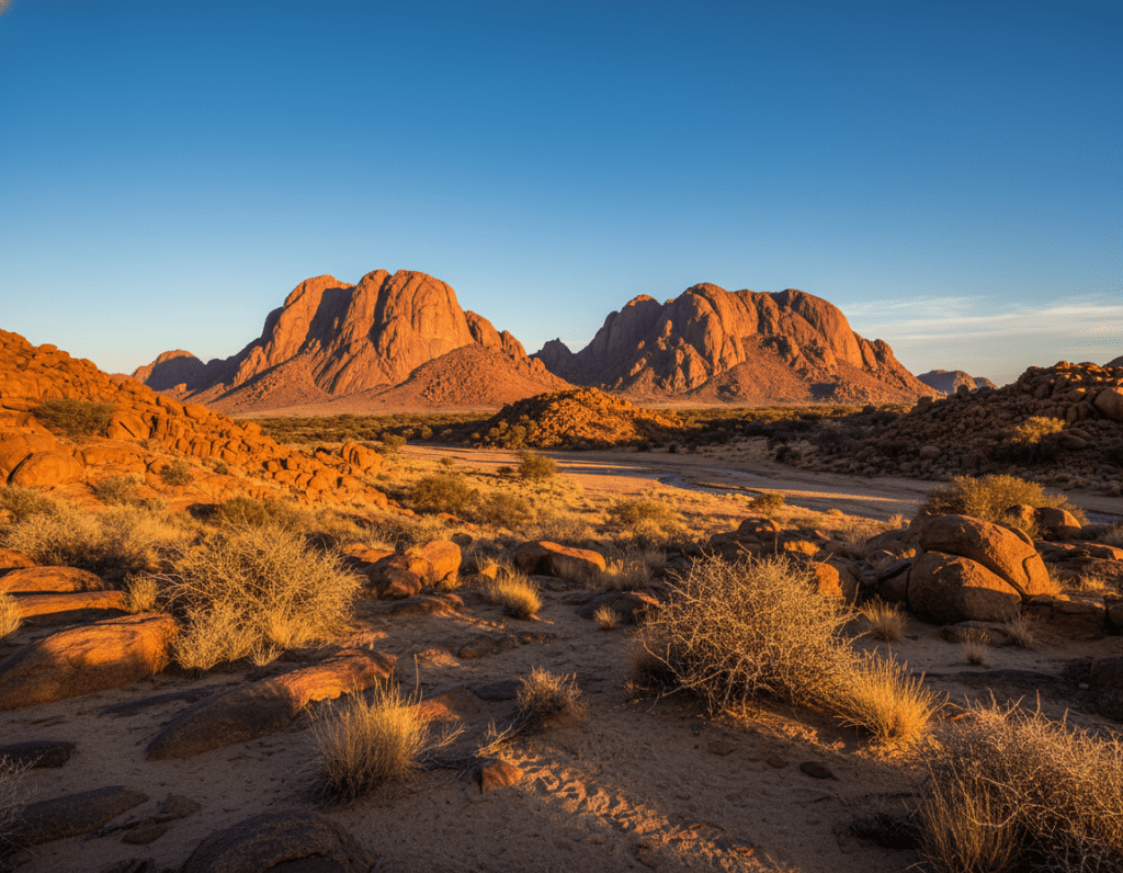 A stunning view of Spitzkoppe, Namibia, showcasing its iconic granite peaks under a clear blue sky. In the foreground, sparse desert vegetation with scattered rocks, contrasting with the rugged, towering mountain formations looming majestically in the background. The midground features a warm, golden light cast by the setting sun, creating long shadows and highlighting the textures of the rocks. Capture the vibrant colors of the landscape during the golden hour, emphasizing the earthy tones of the terrain against the dramatic backdrop of the mountains. The scene should evoke a sense of awe and tranquility, inviting viewers to experience the breathtaking beauty of this unique natural landmark, with no human presence in the image.