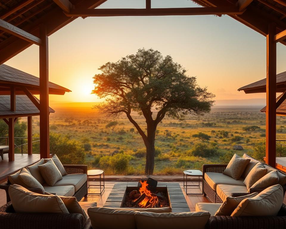 A stunning view of a luxurious safari lodge in Kenya, nestled amidst vibrant green savannahs. In the foreground, elegant wooden beams and thatched roofs of the lodge create a warm, inviting atmosphere. A cozy seating area with plush cushions faces an open fire pit, surrounded by beautiful African flora. In the middle ground, tall acacia trees stretch over the horizon, providing shade and an authentic safari feel. In the background, the sun begins to set, casting a golden glow over distant rolling hills and wildlife silhouetted against the sky, evoking tranquility and adventure. The image should have soft, warm lighting, captured with a wide-angle lens, creating an immersive and inviting mood perfect for a travel experience.