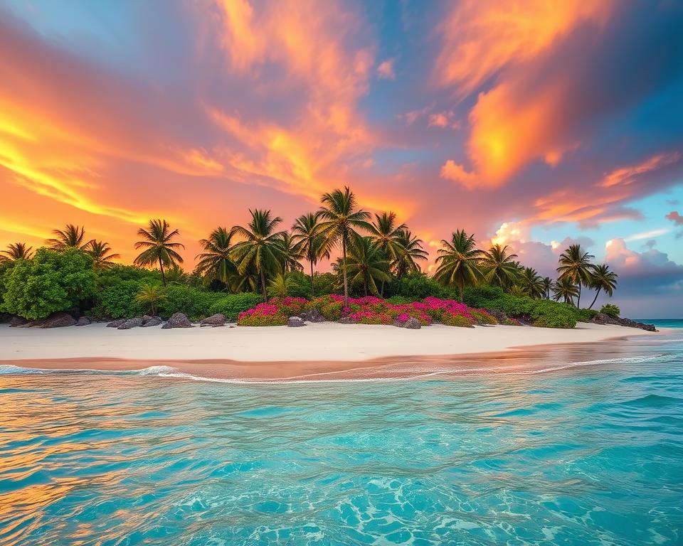 A stunning view of an African island paradise, featuring a pristine white sandy beach in the foreground, gently lapping turquoise waves, and vibrant coral reefs visible beneath the clear water. In the middle ground, lush green palm trees sway gently in the breeze, and colorful tropical flowers dot the landscape, creating a vibrant atmosphere. The background showcases a dramatic sky at sunset, with warm orange and pink hues blending beautifully with deep blue tones, casting a serene glow over the scene. The lighting should be soft and warm, evoking a sense of tranquility and relaxation. The composition is framed from a slightly elevated angle, providing a breathtaking panoramic view of this idyllic tropical escape, perfect for illustrating the dreamlike allure of Africa's islands.