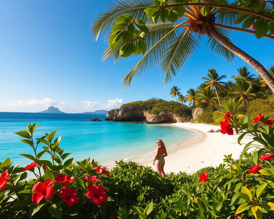 A stunning view of an idyllic African island paradise. In the foreground, lush greenery with vibrant tropical flowers, including hibiscus and bougainvillea. In the middle ground, tranquil waters of a turquoise lagoon gently lapping against the white sandy shore, where a couple of travelers in modest casual clothing relax and admire the scenery. The background features a stunning view of rocky cliffs and palm trees swaying in a gentle breeze under a clear blue sky. Sunlight bathes the scene in a warm golden hue, creating a peaceful and inviting vacation atmosphere. The composition includes a slightly elevated perspective, capturing the beauty of the beach leading into the ocean with distant islands visible on the horizon. A stunning view of an idyllic African island paradise. In the foreground, lush greenery with vibrant tropical flowers, including hibiscus and bougainvillea. In the middle ground, tranquil waters of a turquoise lagoon gently lapping against the white sandy shore, where a couple of travelers in modest casual clothing relax and admire the scenery. The background features a stunning view of rocky cliffs and palm trees swaying in a gentle breeze under a clear blue sky. Sunlight bathes the scene in a warm golden hue, creating a peaceful and inviting vacation atmosphere. The composition includes a slightly elevated perspective, capturing the beauty of the beach leading into the ocean with distant islands visible on the horizon.