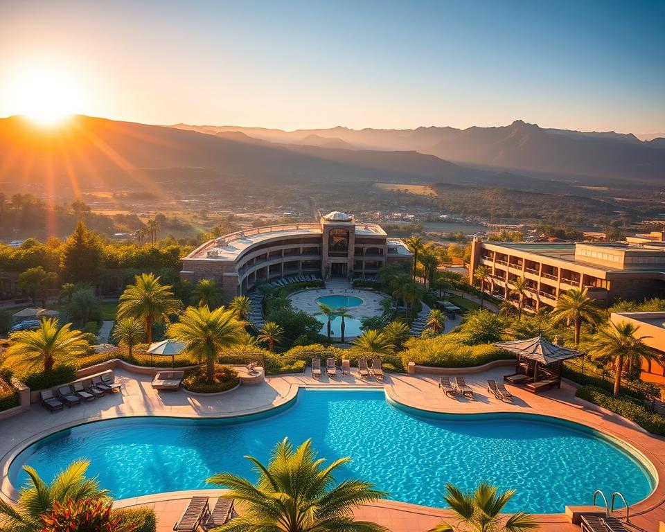 A stunning view of the Sun City Resort, nestled within the lush landscape. In the foreground, a beautifully designed swimming pool with glimmering blue water, surrounded by elegant sun loungers and vibrant tropical plants. The middle features the iconic resort architecture, with sleek modern lines and warm stone tones, integrating harmoniously with the natural environment. In the background, gentle rolling hills and the distant silhouette of the Pilanesberg mountains bathe in the warm golden light of a setting sun, casting a soft glow over the scene. Enhance the atmosphere with rich colors and clear skies, creating a serene yet inviting mood. The image should evoke a sense of luxury and relaxation, perfect for travelers seeking activities beyond the safari experience. A stunning view of the Sun City Resort, nestled within the lush landscape. In the foreground, a beautifully designed swimming pool with glimmering blue water, surrounded by elegant sun loungers and vibrant tropical plants. The middle features the iconic resort architecture, with sleek modern lines and warm stone tones, integrating harmoniously with the natural environment. In the background, gentle rolling hills and the distant silhouette of the Pilanesberg mountains bathe in the warm golden light of a setting sun, casting a soft glow over the scene. Enhance the atmosphere with rich colors and clear skies, creating a serene yet inviting mood. The image should evoke a sense of luxury and relaxation, perfect for travelers seeking activities beyond the safari experience.