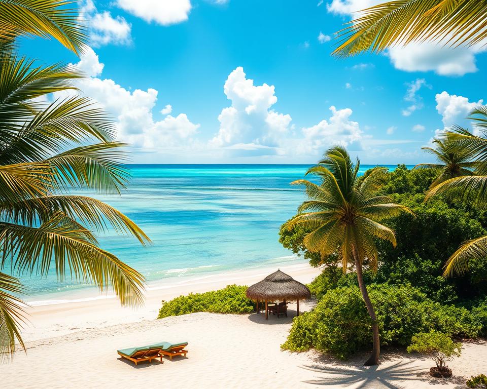 A stunning view of the eastern coast of Zanzibar, showcasing pristine white sandy beaches and crystal-clear turquoise waters. In the foreground, swaying palm trees frame the scene, with a few sunlit beach lounges set on the sand, inviting and serene. In the middle ground, gentle waves lap at the shore, reflecting the vibrant blue sky with fluffy white clouds. The background features lush green vegetation meeting the beach, while traditional thatched-roof huts can be seen nestled among the trees. The scene is illuminated by warm, soft sunlight, creating a peaceful and inviting atmosphere. The angle captures a wide perspective, conveying the beauty and allure of Zanzibar's coastal landscape, perfect for an idyllic tropical getaway.