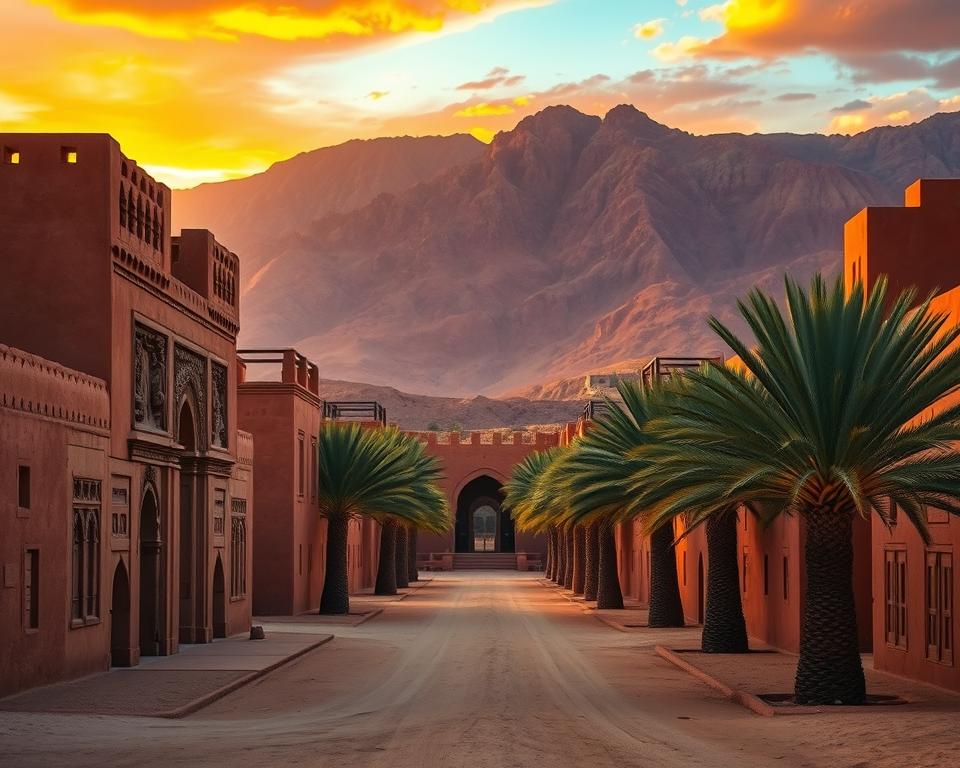 A stunning view of the film set at Ouarzazate, Morocco, capturing the dramatic landscape of red clay architecture and rugged mountains in the background. In the foreground, a traditional Kasbah stands proudly with intricate carvings on its walls, bathed in warm golden hour light that casts soft shadows. The middle ground reveals a dusty path leading to the Kasbah, lined with lush green palm trees that contrast against the earthy tones of the buildings. The sky is painted in vibrant hues of orange and purple as the sun sets, enhancing the enchanting atmosphere. The composition captures a sense of adventure and historical significance, inviting viewers to explore the film culture of this iconic location.