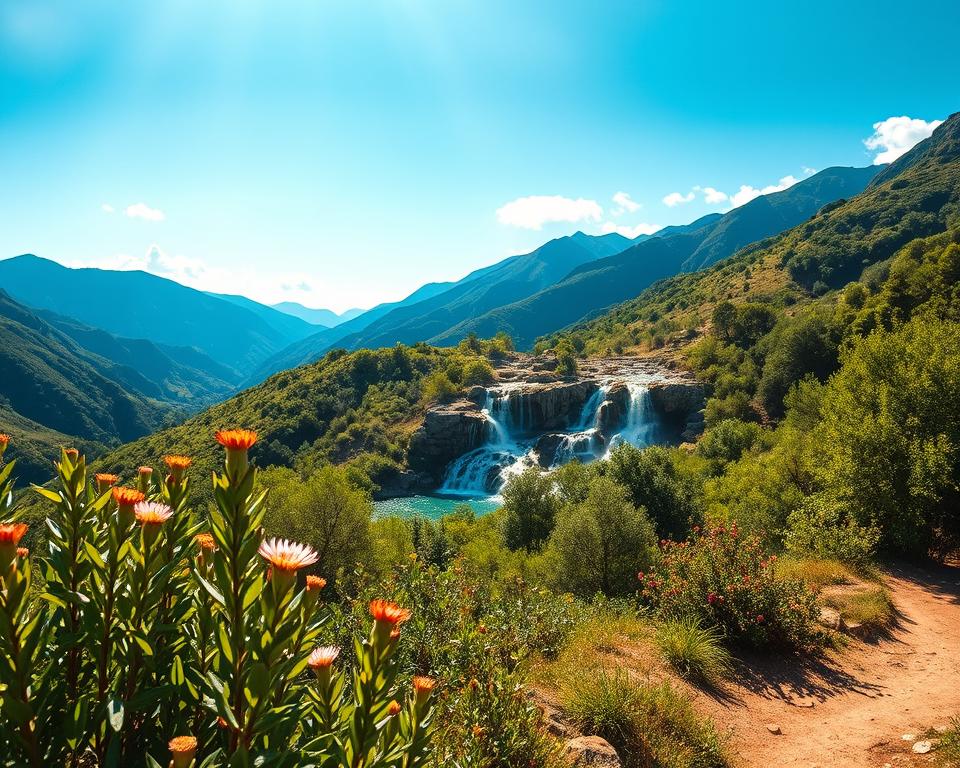 A stunning view of the natural landscape surrounding Chefchaouen in Morocco. In the foreground, vibrant green foliage and wildflowers bloom near a winding path. The middle ground features crystal-clear waterfalls cascading over rocky outcrops, flanked by rich, lush greenery. Majestic mountains in varying shades of blue and green create a serene backdrop, under a clear blue sky with gentle white clouds. The scene is bathed in soft, warm sunlight, enhancing the tranquil atmosphere. Capture this picturesque landscape from a slightly elevated angle to encompass the beauty of the nature trail leading to the waterfalls, inviting viewers to explore Chefchaouen's exquisite surroundings.