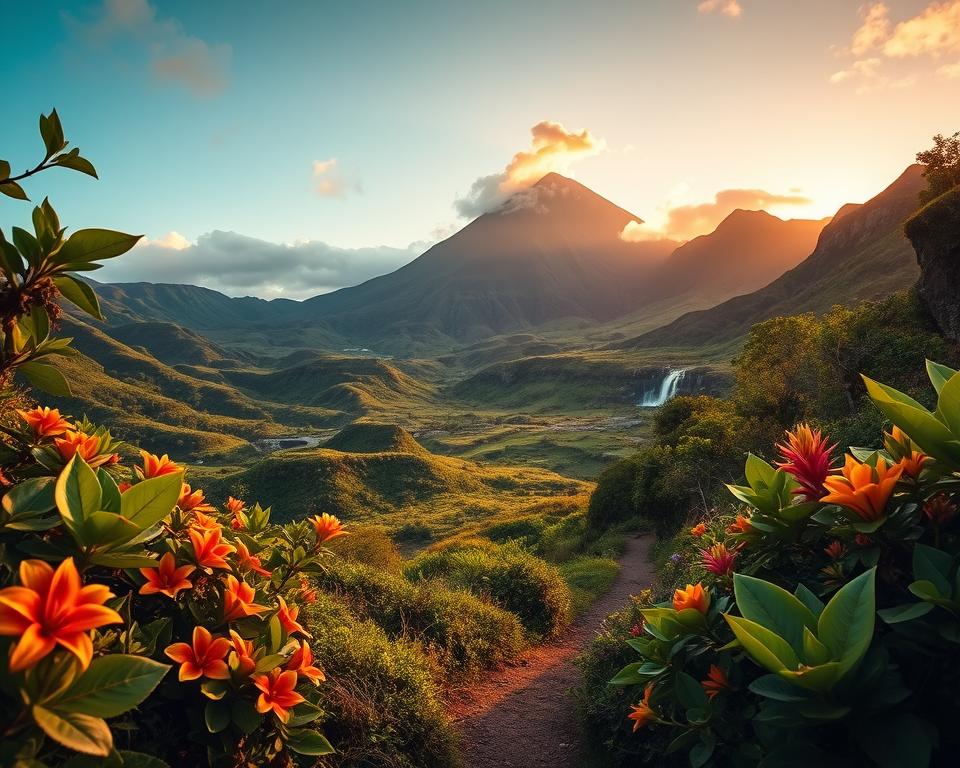 A stunning view of the volcanic landscape of Réunion Island, showcasing the dramatic Piton de la Fournaise volcano in the background, with its rugged slopes and billowing smoke. In the foreground, lush green vegetation and vibrant tropical flowers frame the scene, while a serene, winding path leads the viewer’s eye deeper into the landscape. The middle ground features gentle hills and cascading waterfalls, glinting in the sunlight, creating a sense of movement and life. Capture this scene during the golden hour, with warm, soft lighting that enhances the green and earthy tones. Use a wide-angle lens perspective to draw in the viewer, evoking a sense of awe and tranquility in this tropical paradise. The overall mood should be peaceful, infused with the essence of natural beauty and the unique charm of Réunion Island. A stunning view of the volcanic landscape of Réunion Island, showcasing the dramatic Piton de la Fournaise volcano in the background, with its rugged slopes and billowing smoke. In the foreground, lush green vegetation and vibrant tropical flowers frame the scene, while a serene, winding path leads the viewer’s eye deeper into the landscape. The middle ground features gentle hills and cascading waterfalls, glinting in the sunlight, creating a sense of movement and life. Capture this scene during the golden hour, with warm, soft lighting that enhances the green and earthy tones. Use a wide-angle lens perspective to draw in the viewer, evoking a sense of awe and tranquility in this tropical paradise. The overall mood should be peaceful, infused with the essence of natural beauty and the unique charm of Réunion Island.