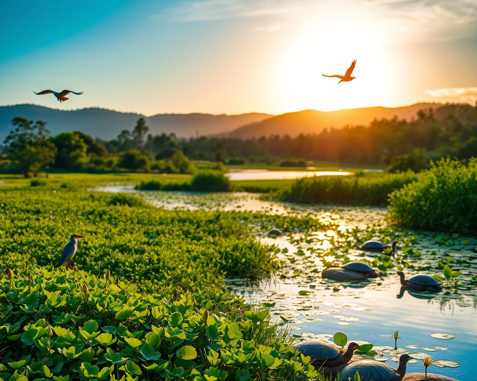 A stunning vista of iSimangaliso Wetland Park in South Africa, showcasing diverse ecosystems. In the foreground, rich green marshland teems with vibrant birdlife, including herons and kingfishers in mid-flight. The middle ground features a peaceful lagoon, reflecting the bright blue sky, dotted with lily pads and turtles lounging on sun-warmed rocks. The background is framed by lush subtropical forests and distant rolling hills, bathed in the warm, golden light of a setting sun, creating a tranquil and inviting atmosphere. The scene employs a soft focus effect to enhance the feeling of serenity and connection to nature. Capture this from a slightly elevated angle to emphasize the expansive beauty of the landscape, ensuring a vivid palette and a crisp, realistic rendering of textures and colors.