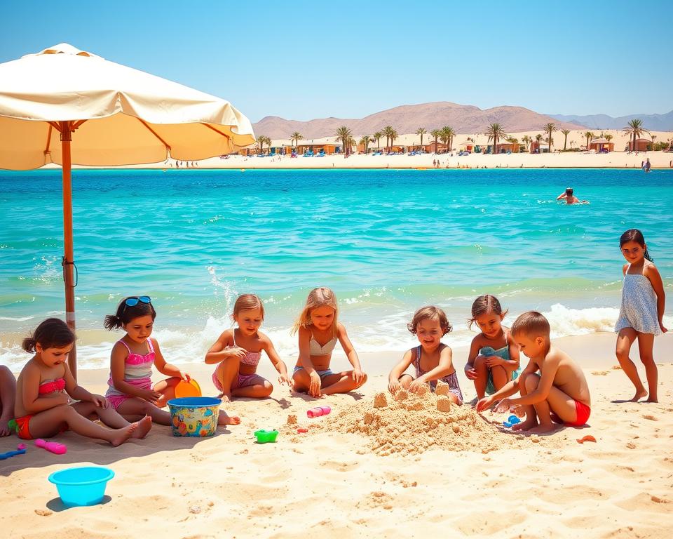 A sunny beach scene at the Red Sea, filled with joyful children playing in the sand and splashing in crystal-clear turquoise water. In the foreground, a diverse group of kids, wearing modest summer outfits, building sandcastles and laughing together. To the left, a beach umbrella provides shade, and colorful beach toys are scattered around. The middle ground showcases gentle waves lapping at the shore, reflecting the bright sunlight. In the background, a stunning desert landscape with palm trees and distant mountains under a clear blue sky creates a vibrant atmosphere. The sun is high, casting soft shadows and enhancing the playful mood of a family-friendly vacation. The image is shot with a slight wide-angle view to capture the lively beach scene in a warm, inviting light.