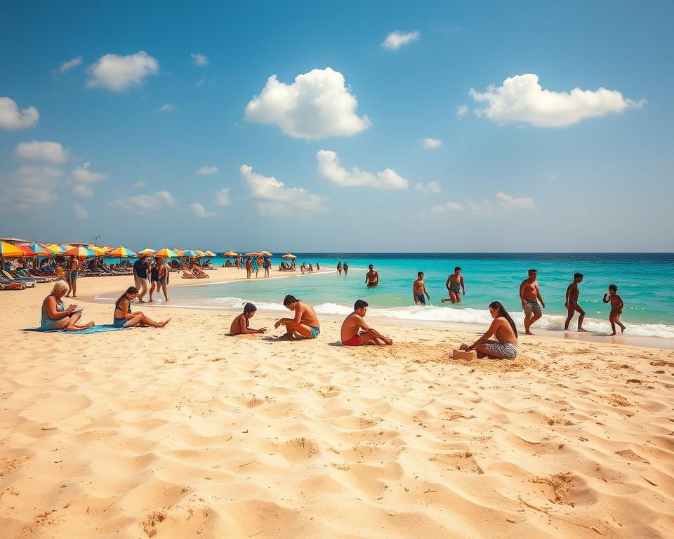 A sunny day at Hurghada Strand, featuring a pristine beach with soft golden sand in the foreground. Families with children joyfully building sandcastles and playing in the gentle waves, all dressed in modest beachwear. In the middle ground, colorful beach umbrellas and sun loungers are scattered along the shore. Adults are engaged in various beach activities like reading and relaxing, while kids chase each other and splash in the shallow water. The background showcases turquoise waters of the Red Sea, with a vibrant blue sky dotted with fluffy white clouds. Warm sunlight casts a cheerful glow, enhancing the inviting atmosphere. Capture the scene from a slightly elevated angle to include both the beach and the distant horizon, creating a lively yet serene mood perfect for a family-friendly vacation.