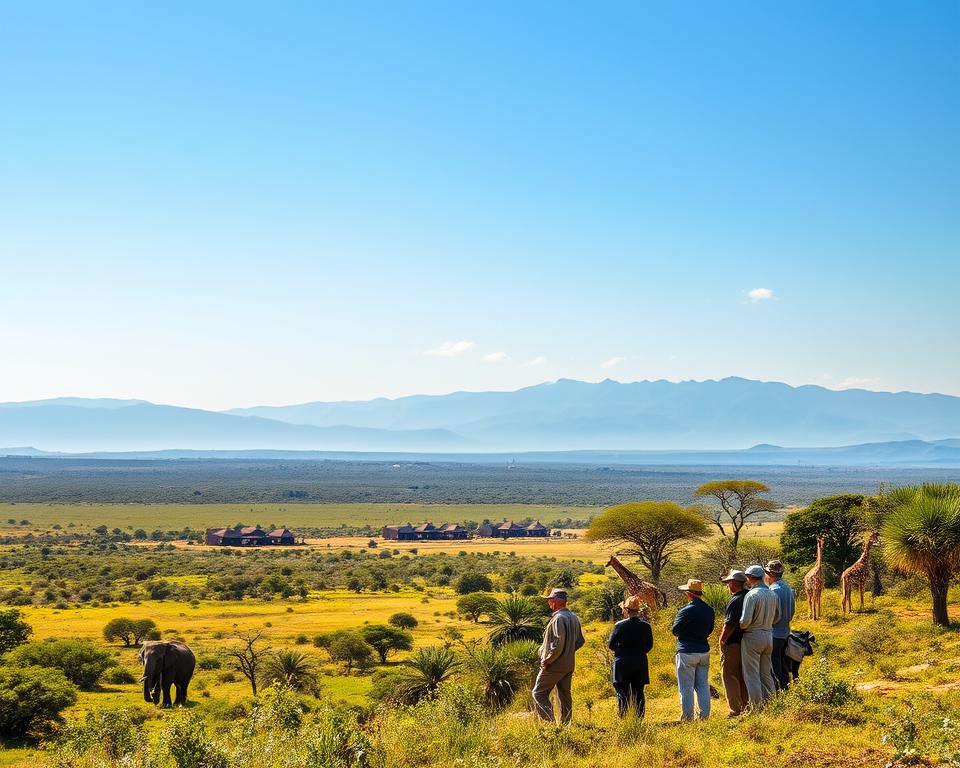 A sustainable safari in Tanzania, showcasing a breathtaking landscape filled with lush, green savannas, acacia trees, and distant mountains under a clear blue sky. In the foreground, a group of travelers in modest, casual clothing observe wildlife respectfully, such as elephants and giraffes, emphasizing their appreciation for nature. The middle ground features eco-friendly lodges built with local materials, harmonizing with the environment. Soft, golden sunlight filters through the trees, creating a warm and inviting atmosphere. The scene captures the essence of conservation, with a sense of tranquility and a connection to the land, inviting viewers to explore the beauty of Tanzania's natural heritage.